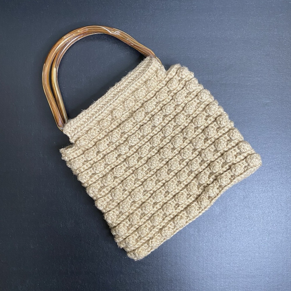 Vintage Crochet Popcorn Stitch Handbag Women Small Beige Amber Resin Handle